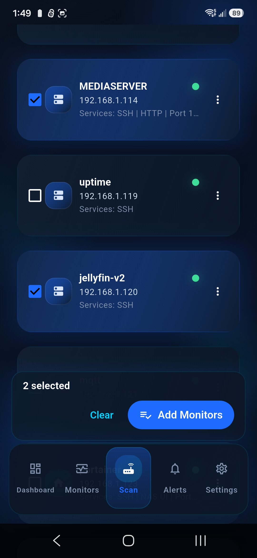 UptiLink scan results allowing selection of up to three Basic plan monitors